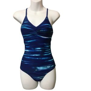Champion Blue & White Paint Splatter Pattern Mesh Racerback Swimsuit
